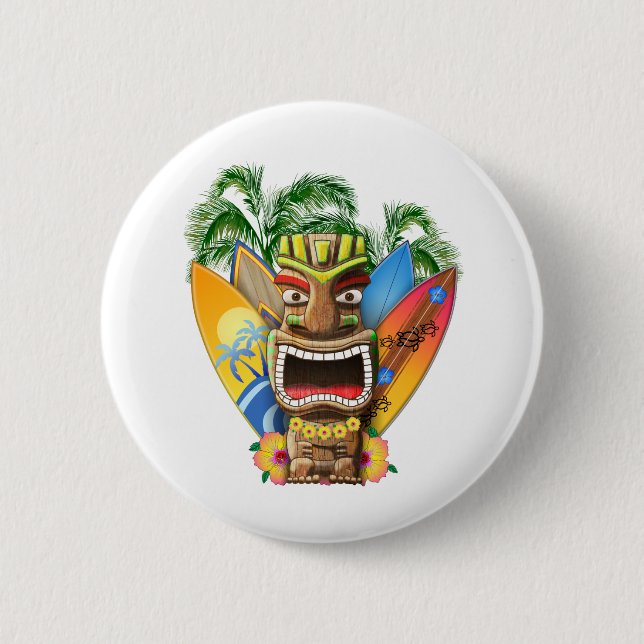 Chapa Redonda De 5 Cm Tiki hawaiano que practica surf (Anverso)