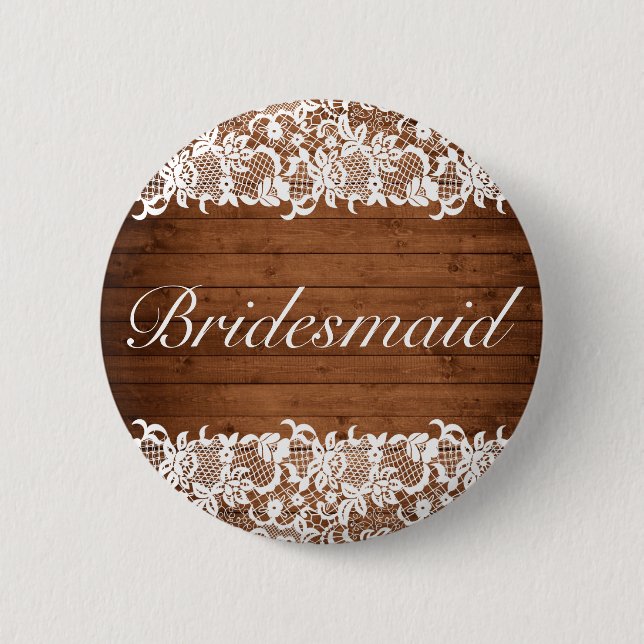 Chapa Redonda De 5 Cm Título de Boda Rústico de madera y encaje blanco (Anverso)