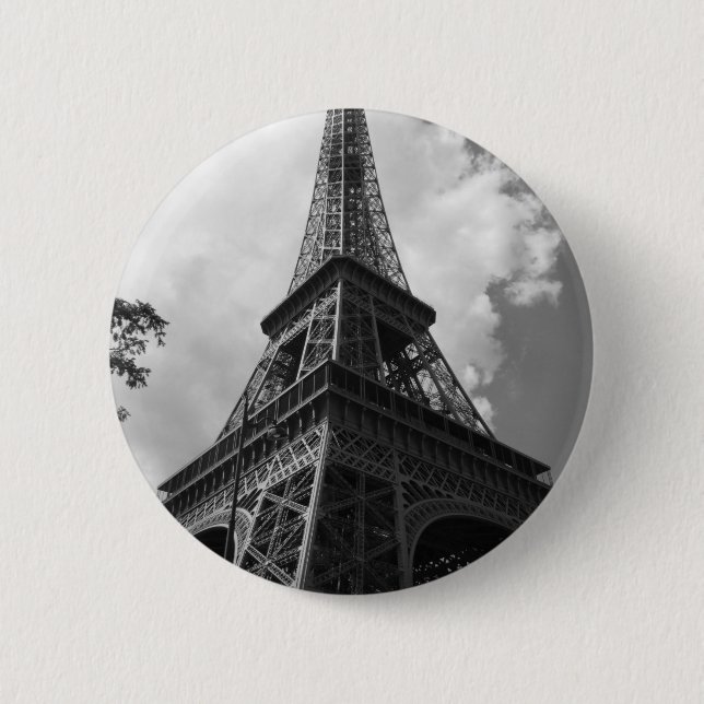 Chapa Redonda De 5 Cm Torre Eiffel Blanca y Negra en París (Anverso)
