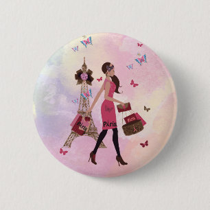 Chapa Redonda De 5 Cm Torre Eiffel rosada linda de París del chica de l