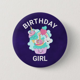 Chapa Redonda De 5 Cm Torta dulce y Chica de cumpleaños de helado feliz