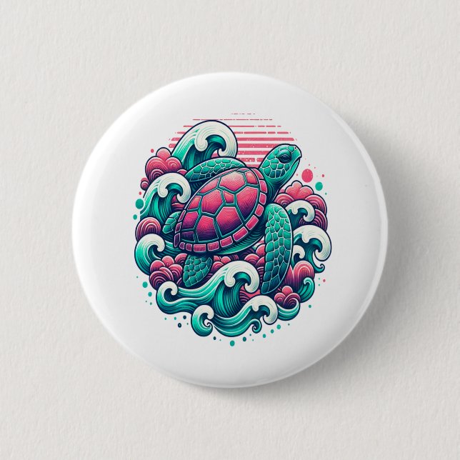 Chapa Redonda De 5 Cm Tortuga de olas del océano de verano retro (Anverso)