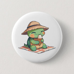 Chapa Redonda De 5 Cm Tortuga Kawaii Chibi con Sombrero de Paja Comiendo