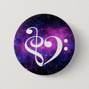 Chapa Redonda De 5 Cm Treble Clef Bass Clef Corazón Fuchsia Nebula púrpu
