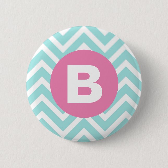 Chapa Redonda De 5 Cm Trendy Light Blue Chevron Pink Monogram (Anverso)