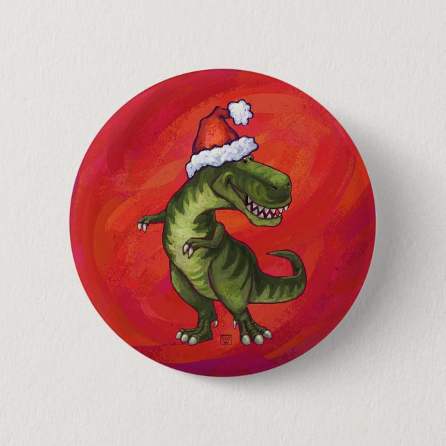 Chapa Redonda De 5 Cm TRex Dino en Santa Hat en Red (Anverso)