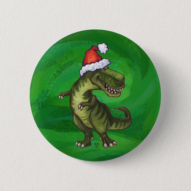 Chapa Redonda De 5 Cm TRex en Santa Hat en Green (Anverso)