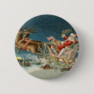 Chapa Redonda De 5 Cm Trineo Antiguo de Navidad de Santa Claus Reno
