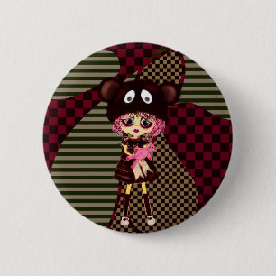 Chapa Redonda De 5 Cm Triste Chica Gótico, Kawaii chibi con oso de peluc
