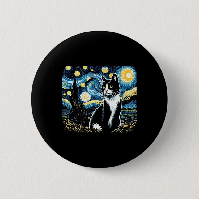 Chapa Redonda De 5 Cm Tuxedo Cat Starry Night Pintura Tuxedo Cat Dueño (Anverso)
