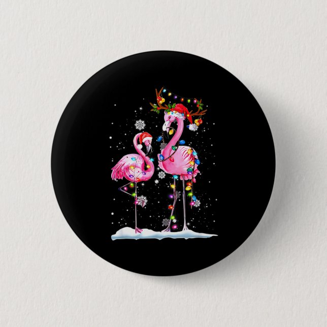 Chapa Redonda De 5 Cm Two Flamingo With Santa Hat And Lights Merry Chris (Anverso)
