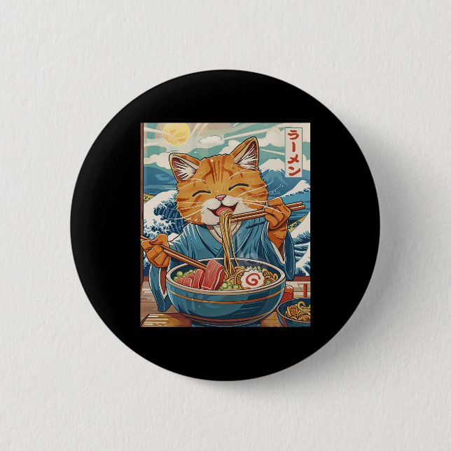 Chapa Redonda De 5 Cm Un gato de Ramen japonés tierno, la gran ola (Anverso)