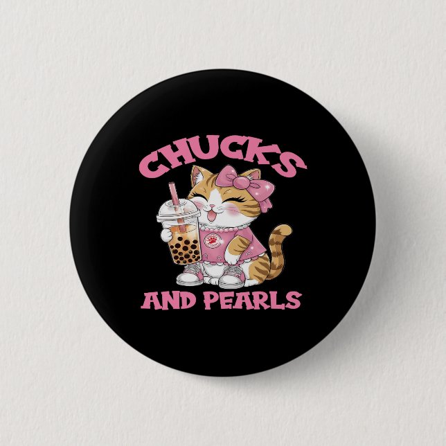 Chapa Redonda De 5 Cm Un gato lindo que bebe burbujas té gatito amante (Anverso)