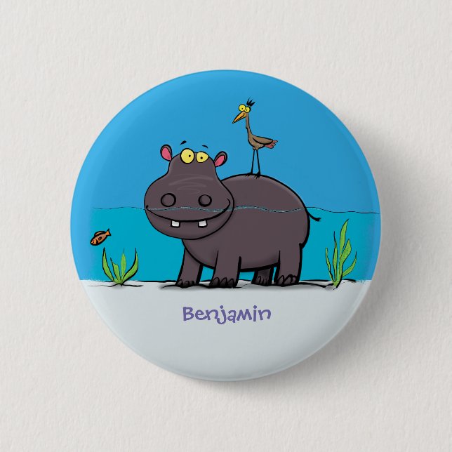 Chapa Redonda De 5 Cm Un gracioso hipopótamo con personalizado de pájaro (Anverso)
