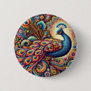 Chapa Redonda De 5 Cm Una imagen colorida de un pavo real de paisley de 