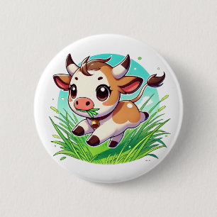 Chapa Redonda De 5 Cm Vaca adorable corriendo a través de un campo