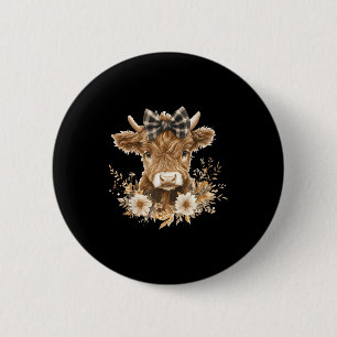 Chapa Redonda De 5 Cm Vaca de las Highlands con flores de lazo vaquilla