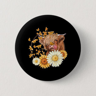 Chapa Redonda De 5 Cm Vaca Highland Con Mariposas De Girasol