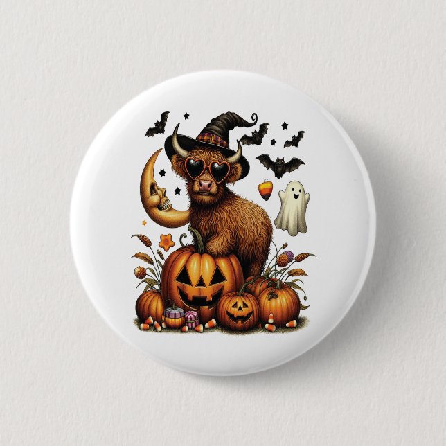 Chapa Redonda De 5 Cm Vaca Highland en Halloween (Anverso)