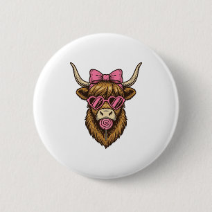 Chapa Redonda De 5 Cm Vaca Highland Linda con Gafas de Corazón Rosado Ve