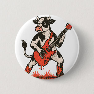 Chapa Redonda De 5 Cm Vaca Rockefeller, Vaca Tocando Guitarra