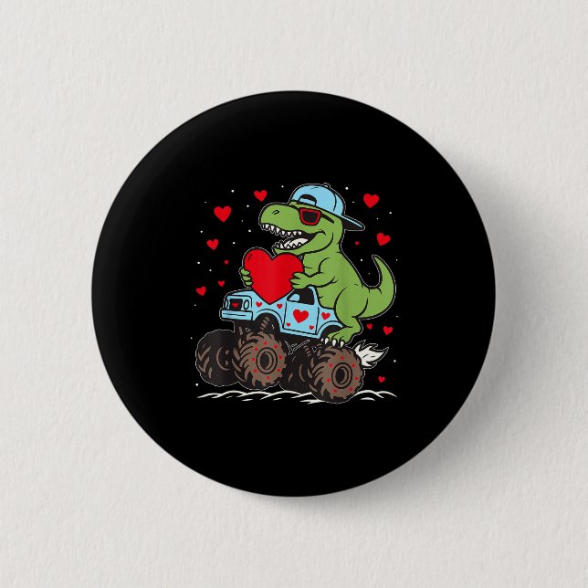 Chapa Redonda De 5 Cm Valentines Day T Rex Riding Monster Truck Funny To (Anverso)