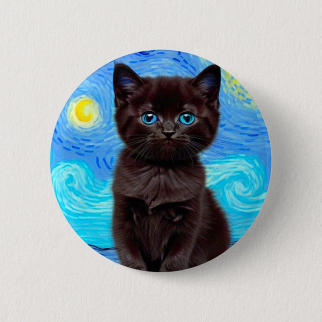 Chapa Redonda De 5 Cm Van Gogh Starry Night Black Cat (Anverso)