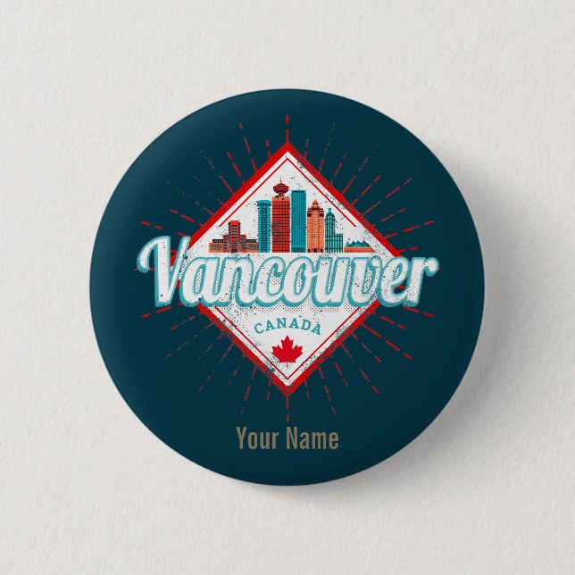 Chapa Redonda De 5 Cm Vancouver Skyline British Columbia Retro Canada (Anverso)