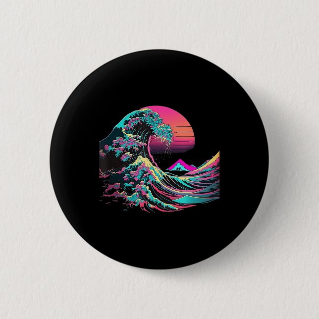 Chapa Redonda De 5 Cm Vaperwave Estético Glitch Great Wave Retrowave Sy (Anverso)