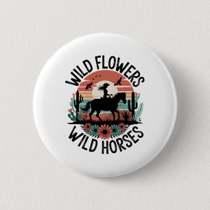Chapa Redonda De 5 Cm Vaquera Caballo Montando Flores Silvestres Chicas