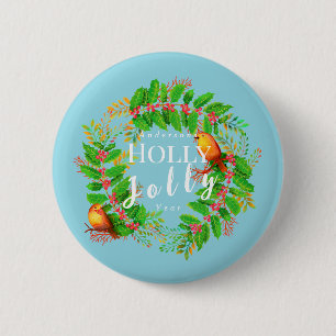 Chapa Redonda De 5 Cm Verde azulados Navidades de Wreath Holly Jolly