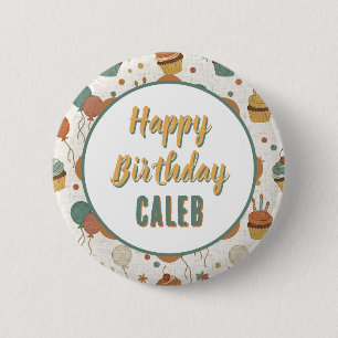 Chapa Redonda De 5 Cm Verde y Dorado   Feliz Cumpleaños Personalizado 
