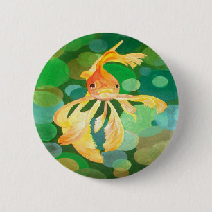 Chapa Redonda De 5 Cm Vermilion Goldfish Nadando En Burbujas Verdes