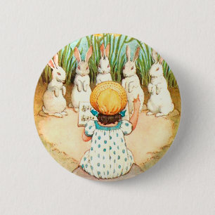 Chapa Redonda De 5 Cm Vintage Bunny Singing with Child Easter Greeting