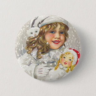 Chapa Redonda De 5 Cm Vintage Chica victoriano de Navidad con muñeca en