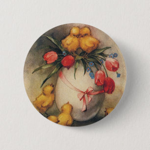Chapa Redonda De 5 Cm Vintage chicles de Pascua, huevo con flores rojas