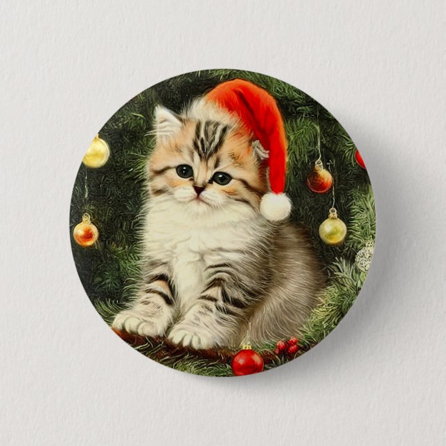 Chapa Redonda De 5 Cm Vintage Christmas Kitten (Anverso)