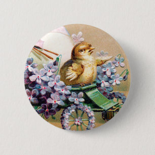 Chapa Redonda De 5 Cm Vintage Easter Egg Chick Floral Flowers