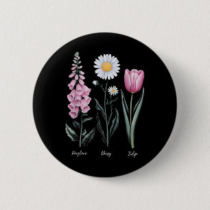 Chapa Redonda De 5 Cm Vintage Floral Planta Foxglove Daisy Tulip Flower 