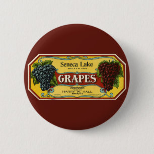 Chapa Redonda De 5 Cm Vintage Fruit Crate Art, uvas de lago Seneca