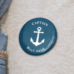 Chapa Redonda De 5 Cm Vintage Nautical Anchor Captain Bote Name Blue<br><div class="desc">Ancla Náutica Azul Vintage y el botón de Rango de Capitán Personalizable y Nombre del Barco Personalizado.</div>