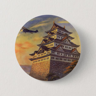 Chapa Redonda De 5 Cm Vintage Travel Japón, Pagoda Japonesa Avión