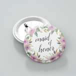 Chapa Redonda De 5 Cm Violeta y cobarde de honor<br><div class="desc">Identifique a los jugadores clave de su ducha de novia con nuestros elegantes botones florales de moda. El botón presenta flores de color rosa y violeta de color morado y hojas verdes,  con la inscripción "criada de honor" en la escritura caligráfica.</div>