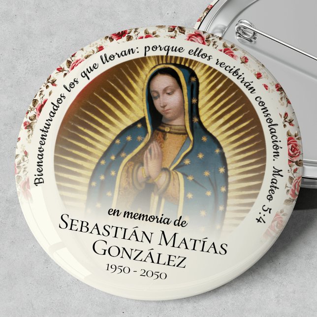 Chapa Redonda De 5 Cm Virgen Funeral Española de Guadalupe (Virgen de Guadalupe, Our Lady of Guadalupe, funeral keepsake, funeral badge, In Loving Memory)
