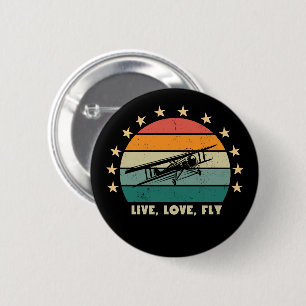Chapa Redonda De 5 Cm "Vive Ama Vuela" Texto, Avión Antiguo Atardecer Re