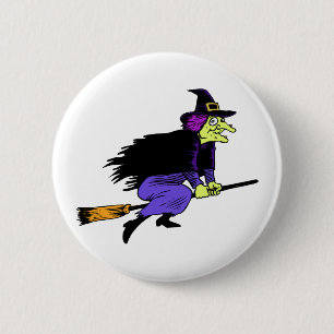 Chapa Redonda De 5 Cm Vuelo de la bruja de Halloween en un palo de