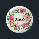 Chapa Redonda De 5 Cm Watercolor Boho Floral Wreath Personalizado<br><div class="desc">botón floral de personalizable. Cuenta con una flor floral acuarela de flores rosadas y naranjas,  vegetación,  lavanda y plumas. Este botón floral es perfecto como regalo personalizado.</div>