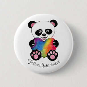 Chapa Redonda De 5 Cm Watercolor Cute Panda Con Corazón Arcoiris