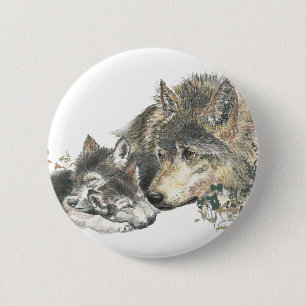 Chapa Redonda De 5 Cm Watercolor Madre Lobo y Cubs Arte Animal