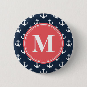 Chapa Redonda De 5 Cm Watermelon Monogrammed Navy Blue Anchor Pattern